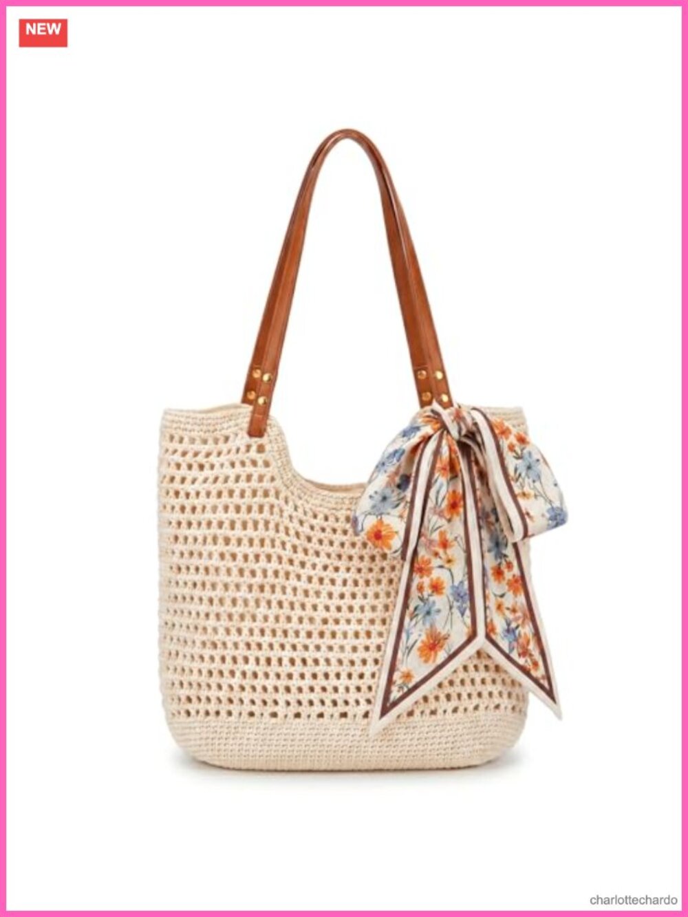 Crochet Beach Tote Bag for Women, Woven Straw Style Purse with Floral Scarf,